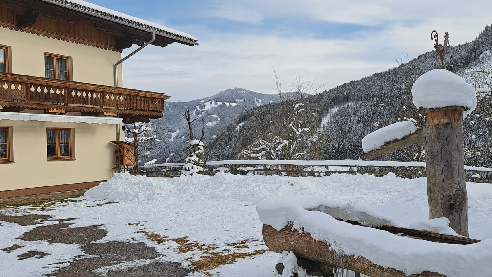 Verschneiter Brunnen vor der Ferienwohnung